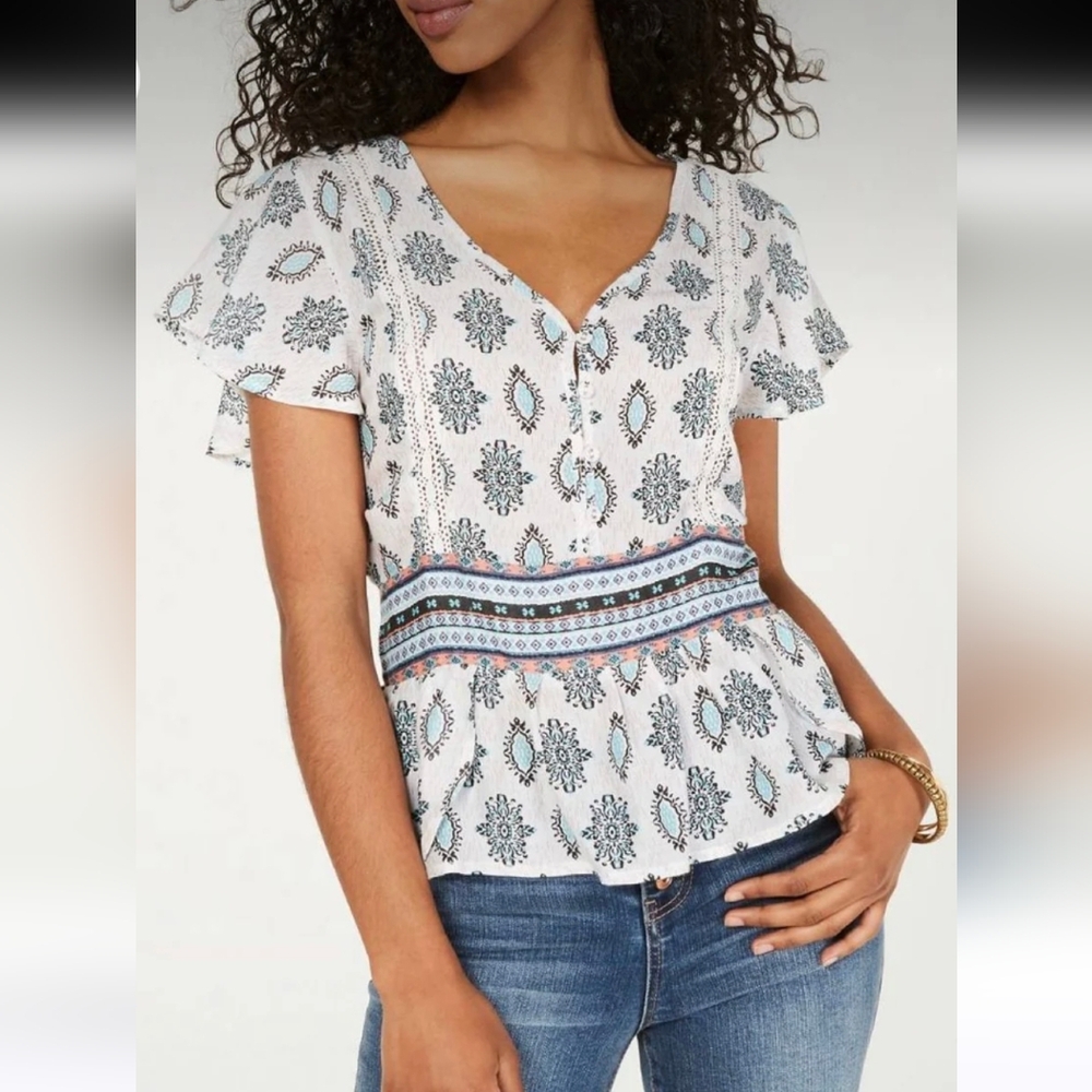 American Rag Peplum Crochet Trim Top Sz M - Picture 7 of 7
